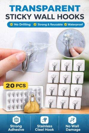 Transparent Sticky Wall Hooks (20 PCS) | No Drill, Waterproof & Reusable Adhesive Hooks for Home