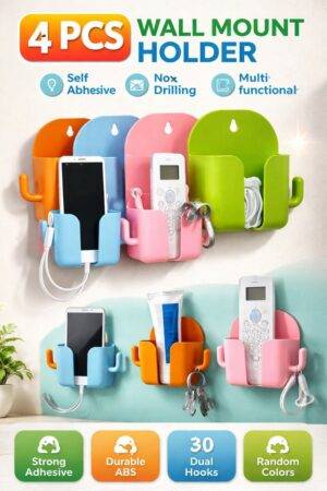 Wall Mount Mobile & Remote Holder (4 PCS) | No Drill Self-Adhesive Multipurpose Holder for Home