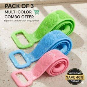 Silicone Back Scrubber Belt with Handles – Pack of 3 Multicolor Body Cleaning Bath Scrubber